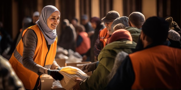 Арабская женщина распределяет продовольственные посылки нуждающимся