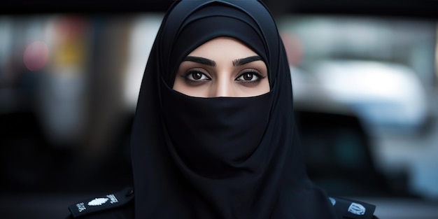 니캅을 입은 경찰관 복장을 한 아랍 여성은 특정 직업을 선택할 때 이슬람 세계 여성이 직면한 한계를 상징합니다. Generative AI