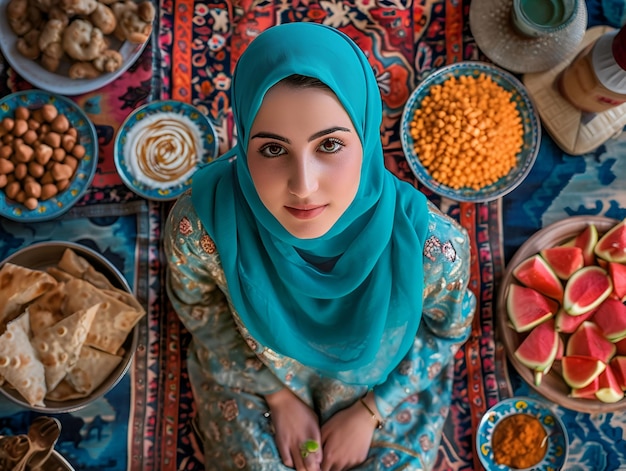 Arab woman in hijab among traditional food prepared for Ramadan