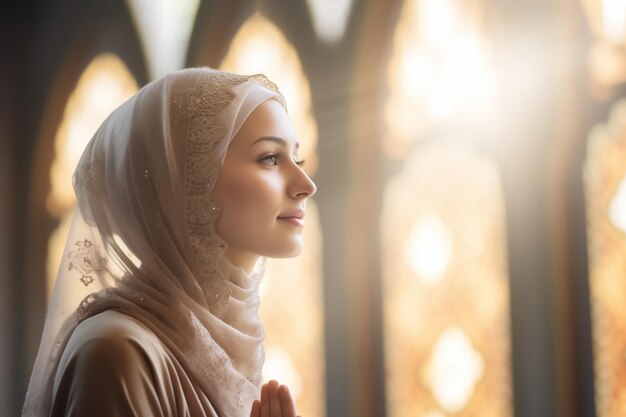 Фото Арабская женщина в хиджабе молится в мечети