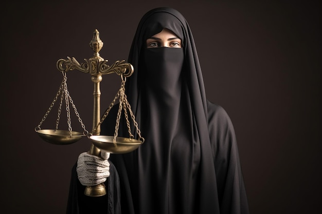 니캅을 입은 한 아랍 여성이 이슬람 세계에서 여성이 직면한 보호 부족과 굴욕의 차별을 상징하는 정의의 저울을 들고 있습니다. Generative AI