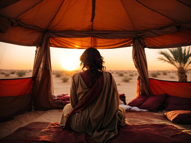 Photo an arab woman sitting in a tent