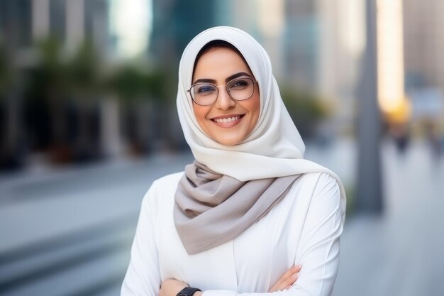 an arab woman smile at camera