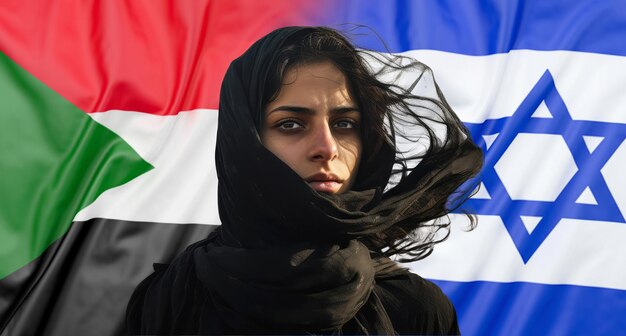 Arab woman with Hijab with merging flags of Israel and Palestine in the background