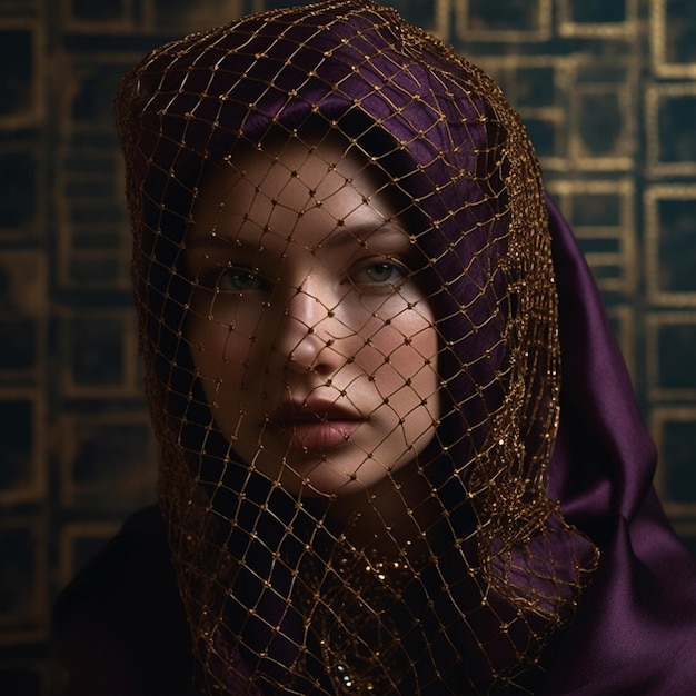 Arab woman with a purple scarf and gold beads on her face