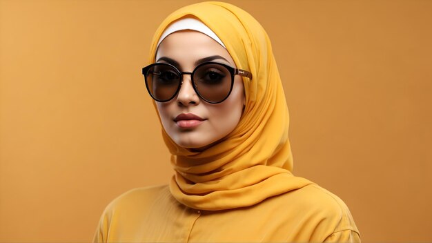 Arab woman with sunglasses on yellow background