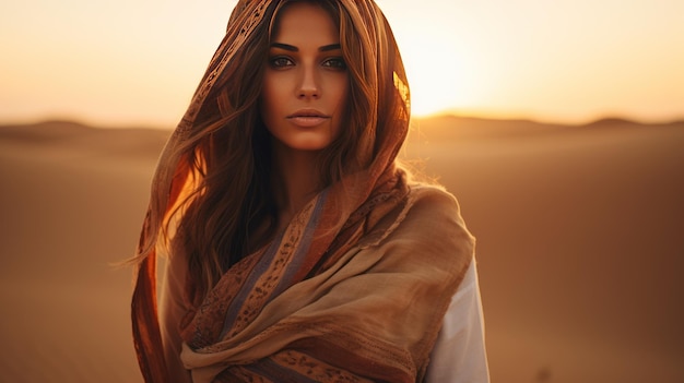 アラブ人女性が砂漠で昼間を眺めている - AIが生成した画像