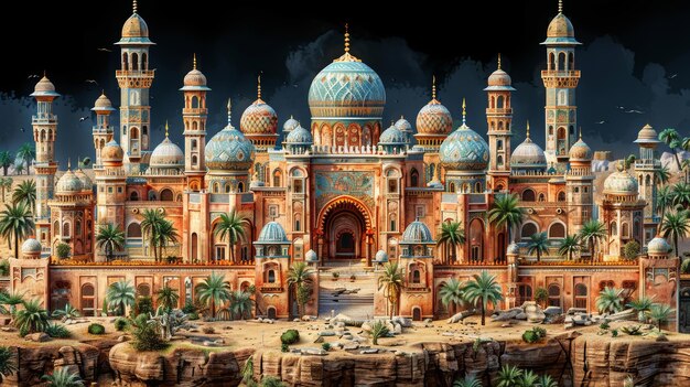 Arabian architecture desert emirates palaces Video Game Digital CG Artwork Concept Illustration Realistic Cartoon Style Design CG Artwork for Realistic Cartoon Style Games