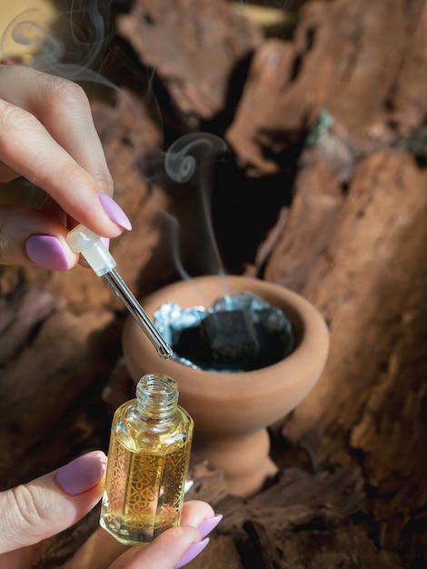 Arabian attar perfume or agarwood oil fragrances.