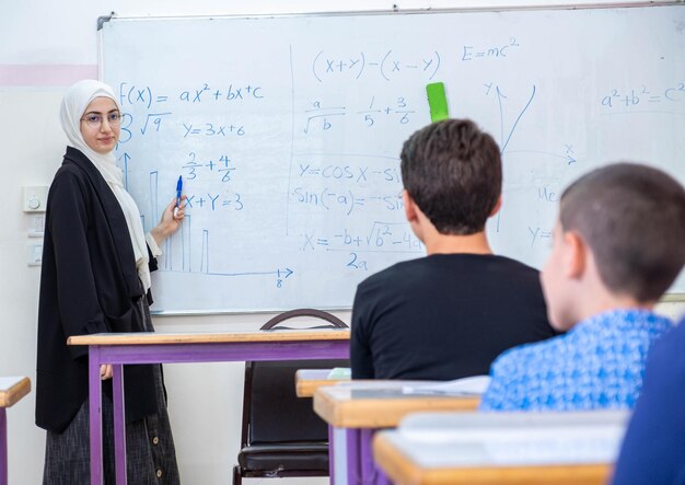 Arabian children\'s in school so excited with their teacher and\
raising their hands to answer the teacher questions