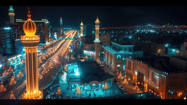 Арабский городской пейзаж освещен декоративными огнями в честь Рамадана
