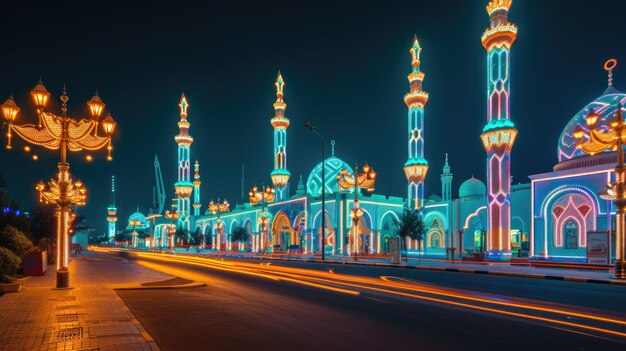 Arabian cityscape lit with decorative lights to celebrate Ramadan