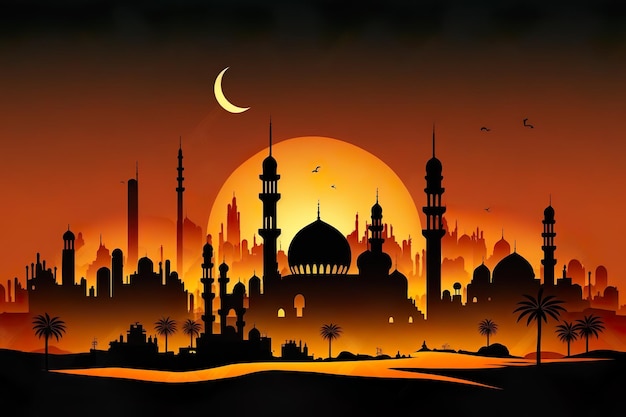 Arabian cityscape Sunset town scenery Mosque and house silhouettes Night city buildings