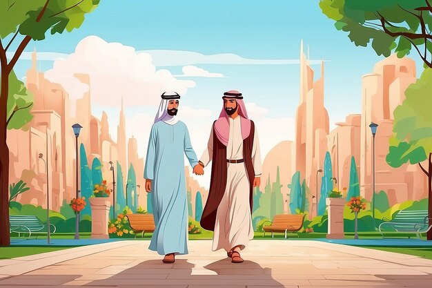 Arabian couple on walk 2d web banner poster man and woman in park hold hands muslim family flat characters on cartoon background romantic vacation printable patch colorful web element