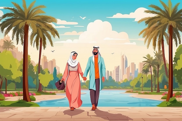 アラビアのカップルが歩いている 2D ウェブバナー ポスター 男性と女性がパークで手をつないでいる イスラム教徒の家族 カートゥーン背景の平らなキャラクター ロマンチックな休暇 プリント可能なパッチ カラフルなウェブ要素