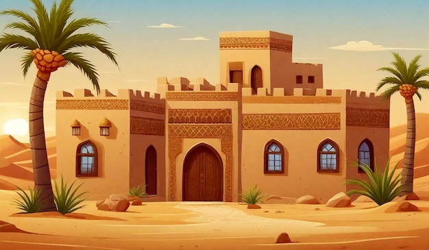 Photo arabian desert house scene cartoon background