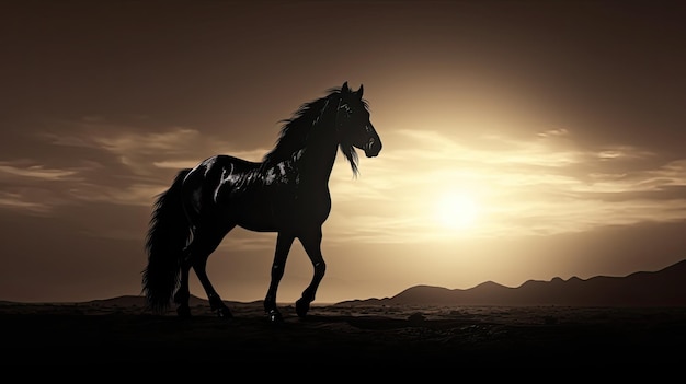 Arabian horse silhouette against sunrise in black and white