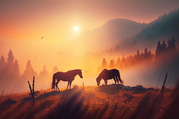 Arabian horses grazing on pasture at sundown