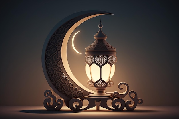 Arabian lamp and crescent moon on a pedestal background