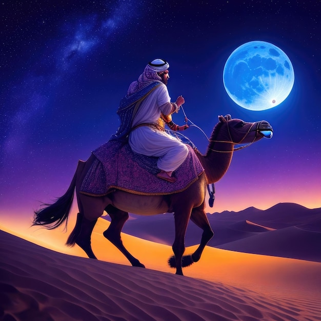 Arabian man on camel in desert against night sky with full moon