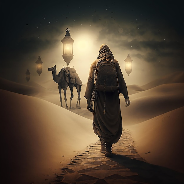 Photo arabian man in dark desert with his camels holding lantern