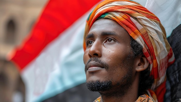 Arabian man in a headscarf looks ahead against flag of Yemen