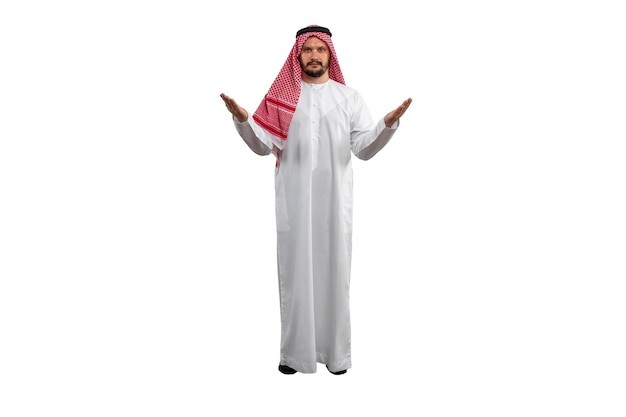 Arabian man on white background in traditional costume with various expressions hand gestures and posesReady for cutting and editing