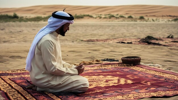 Photo arabian man with kandora sitting on prayer rug