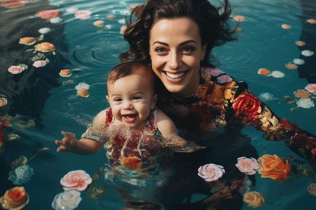 Arabian mother and her baby are swimming in a pool smiling lifestyle family photoshoot