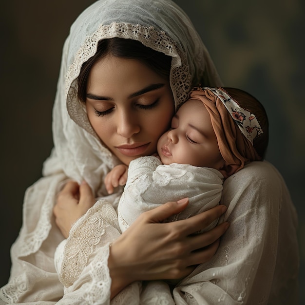 an arabian mother is hugging a reborn doll Use a clean and minimalistic layout