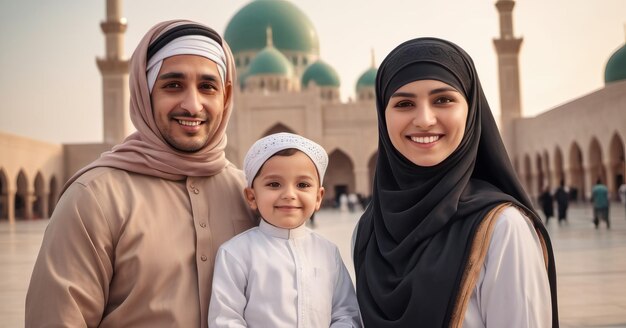 Arabian muslim family in front of a mosque