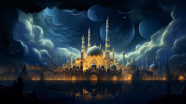 Сказка арабской ночи, пейзаж в лунном свете, сказочный султанский дворец светится золотом.