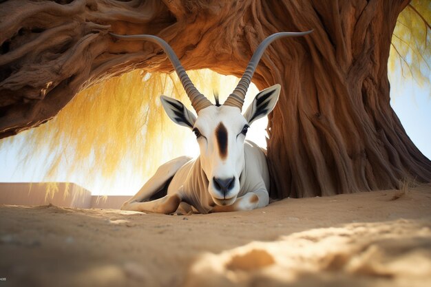 An arabian oryx nestled under a desert acacia tree for shade