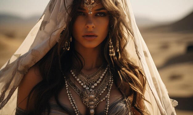 Arabian princess posing in front of sand dunes in the sahara desert