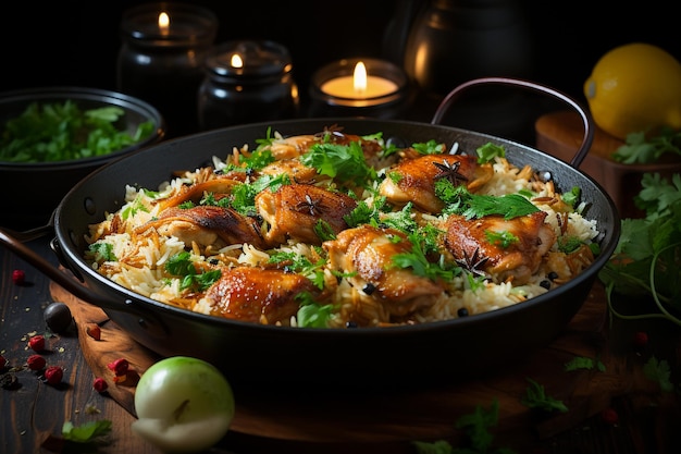 Arabian recipe spicy seafood kabsa biryani with shrimps and prawns