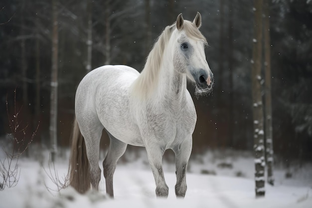 Arabian stallion in white with snow