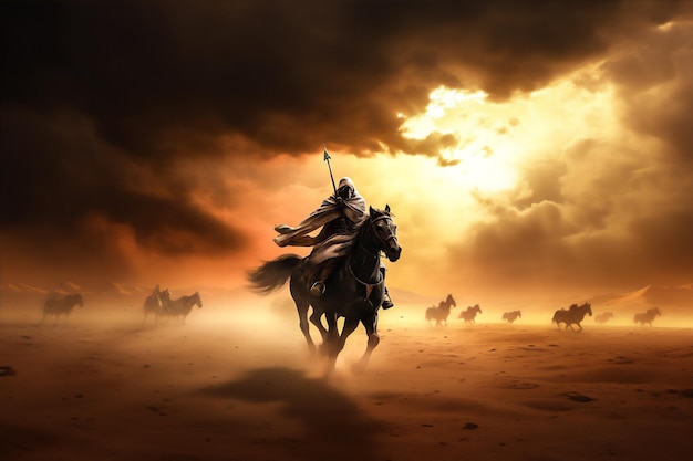 an Arabian warrior with sword raised on horses running fast in the Arabian desert at sunset