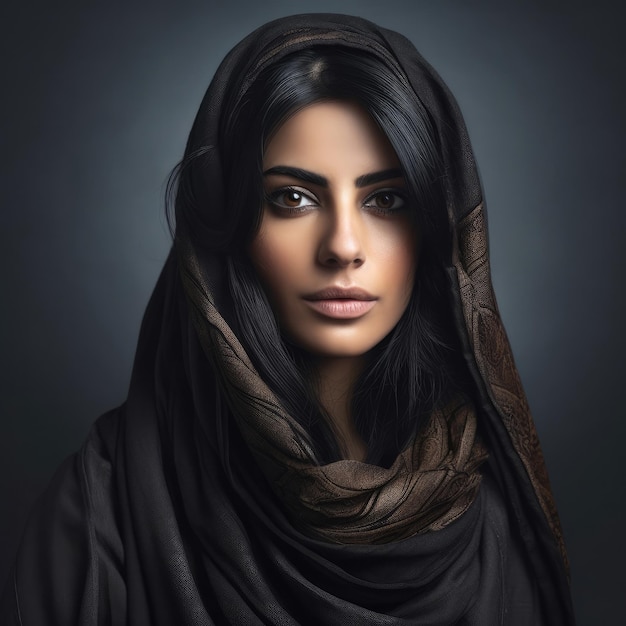 어두운 스튜디오 배경을 가진 아라비아 여성 검은 머리