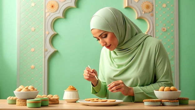 Photo arabian woman meticulously decorating eid cookies with intricate designs indoors solid backdrop of