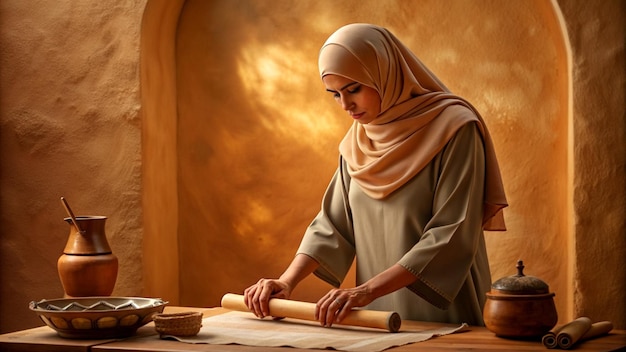 Arabian woman skillfully rolling out dough for homemade Ramadan pastries indoors solid backdrop of