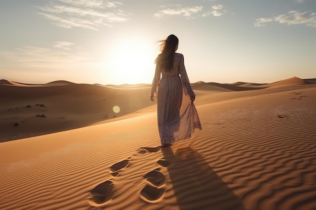 Arabian woman walk in the desert sand dunes at sunset