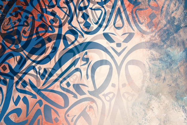 Arabic calligraphy wallpaper of blue on a white and red wall with an overlapping paper background