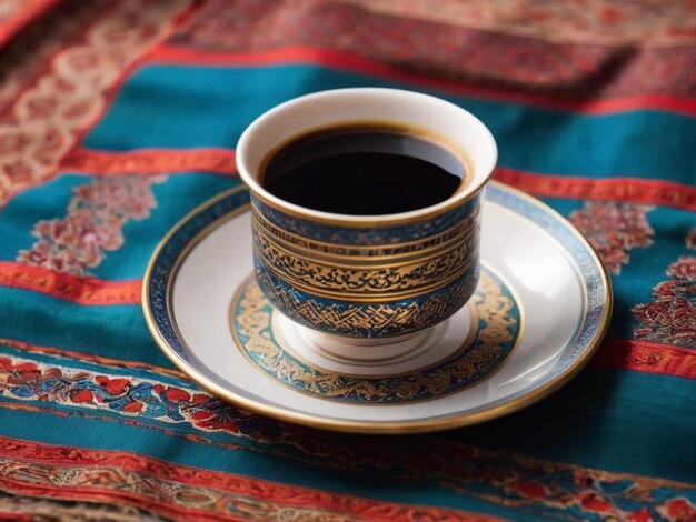 Photo arabic coffee cup on a patterned cloth