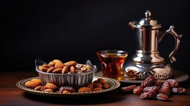 Arabic coffee pot with sweets and dates Happy Ramadan