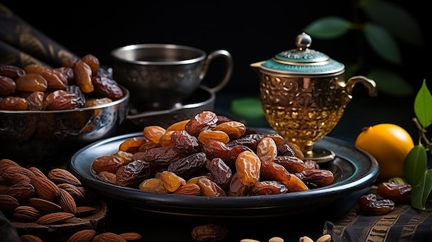 arabic coffee with dates served with teapot in cup