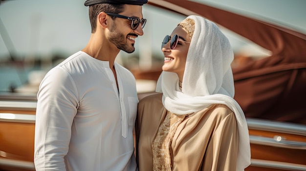 写真 伝統的な服を着たアラブ人カップルが屋外でデートしている