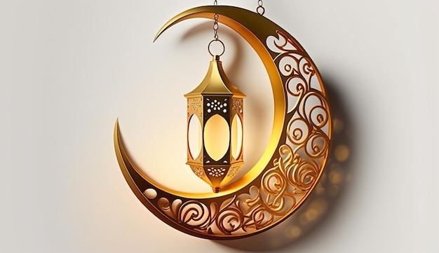 Photo arabic crescent moon and lantern pendant on a light ramadan background generative ai
