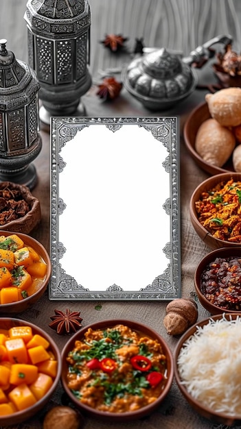 Photo arabic cuisine delight white frame with arabic text perfect ramadan background vertical mobile wall