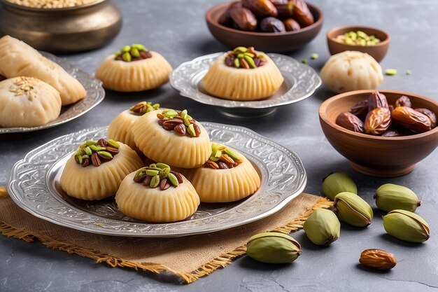 Photo arabic cuisine maamoul with dates pistachio or walnuts