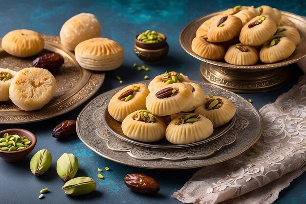 Photo arabic cuisine maamoul with dates pistachio or walnuts